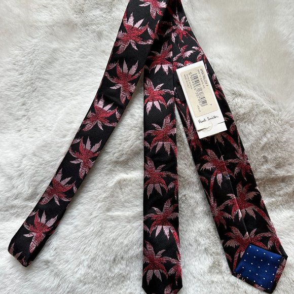 Paul Smith Skinny Black Silk Tie with Pink Palm Trees - Picture 2 of 7